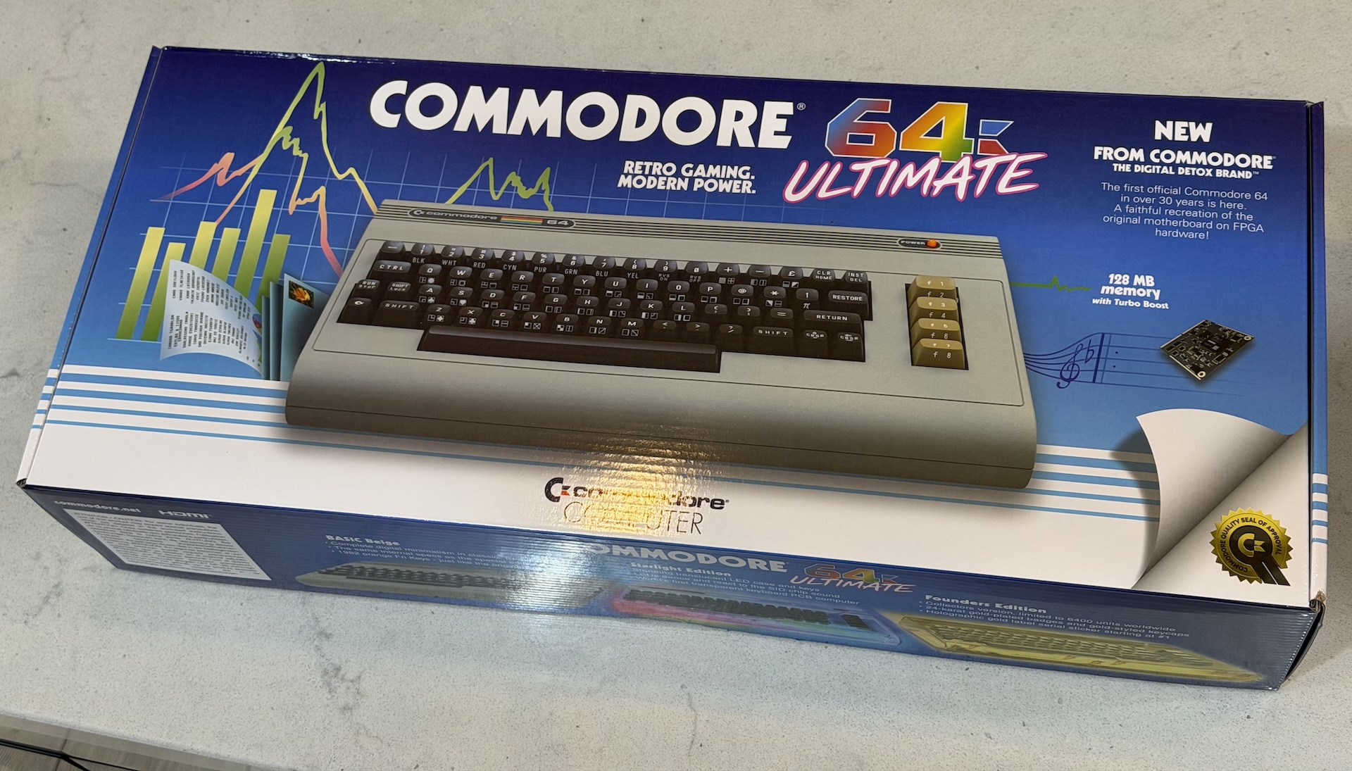 A boxed Commodore 64 ultimate, mimicking the original Commodore 64 box